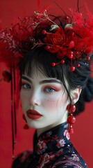 Elegant Woman in Red Chinese Dress with Floral Headpiece