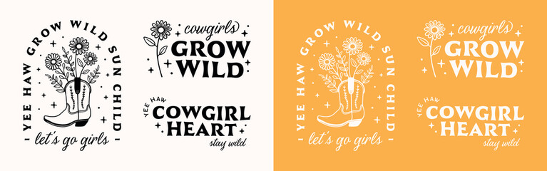 Cowgirl yellow coastal aesthetic quotes let's go girls yee haw grow wild sun child sticker pack bundle. Floral boots printable letterings retro boho groovy country girl shirt design cut file.