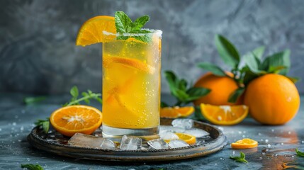 Refreshing glass of orange juice with ice cubes surrounded by juicy ripe oranges in background