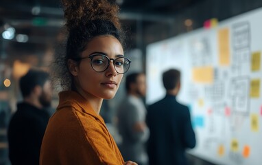 Team brainstorming with scrum master in boardroom, creative and dynamic session, whiteboard and postit notes, engaging discussion, modern and professional workspace