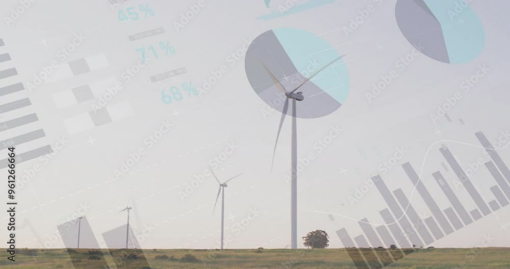 Poster wind turbines in field with data charts and graphs animation