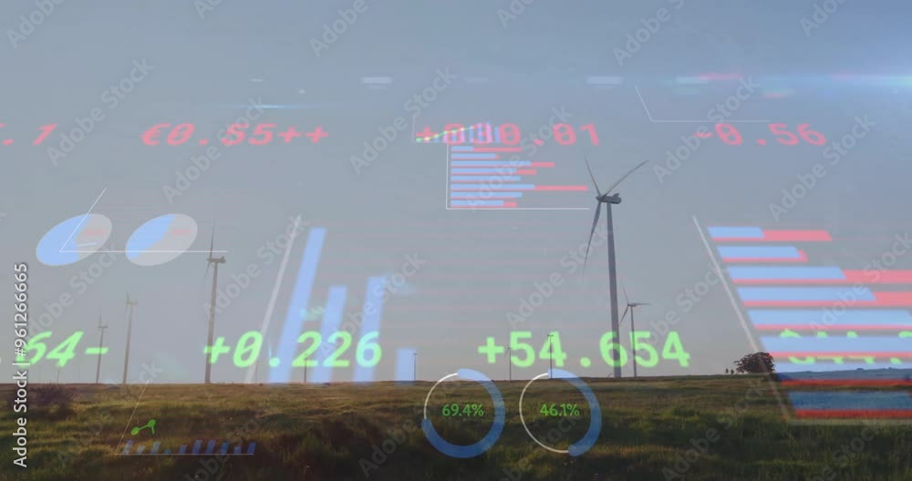 Poster financial data and statistics animation over wind turbines in field