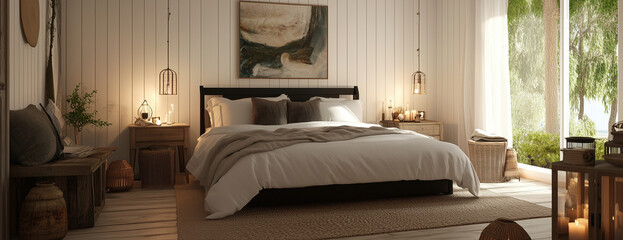 3D rendering of interior design, bedroom with white painted wooden floor and walls, large bed in the center of the room with a black frame