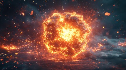 A fiery explosion erupts with sparks and smoke, filling the scene with dramatic intensity.