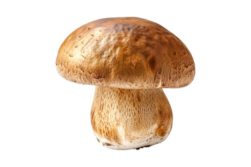 Closeup of Porcini mushroom showing its textured cap and stem isolated on a white background. Concept of fungi and nature