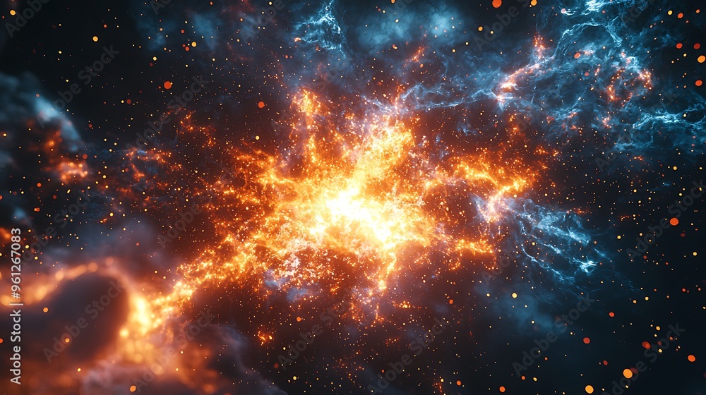 Poster an explosive blend of fire and ice with glowing particles, capturing the clash of elements.