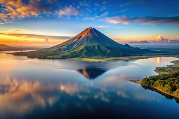 Fototapeta premium Aerial view of volcanic mountain in morning light reflected in calm lake waters, long exposure