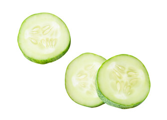Top view set of fresh green cucumber slices in circle shape in stack isolated on white background with clipping path