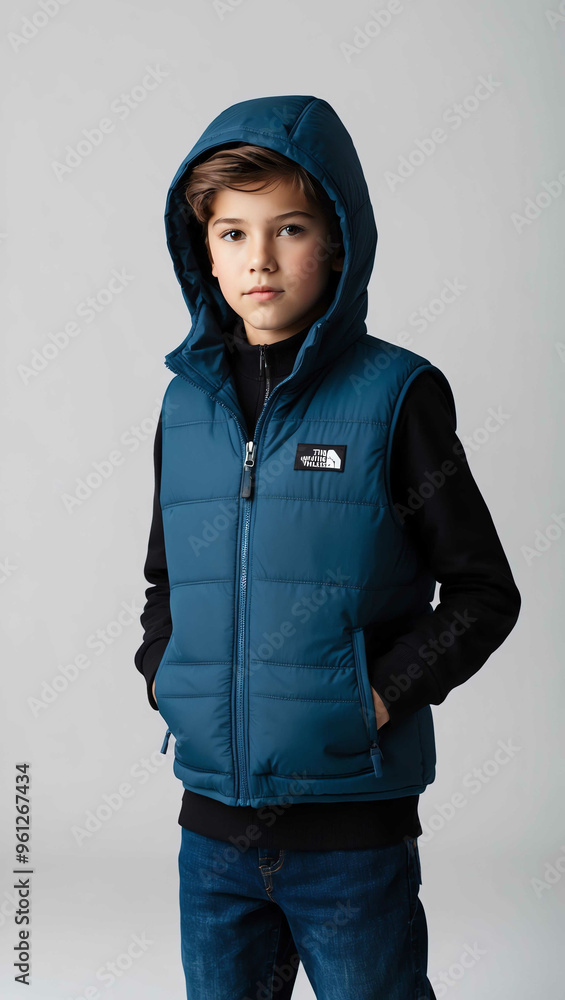 Wall mural Boy wearing insulated vest and hoodie on plan white background