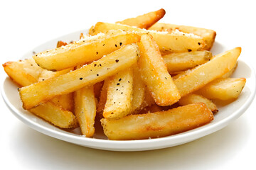 Garlic Parmesean French Fries on white plate, Isolated on White Background
