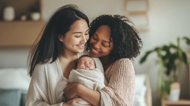 Multiracial lesbian couple is smiling at their newborn baby, enjoying a tender moment of family love