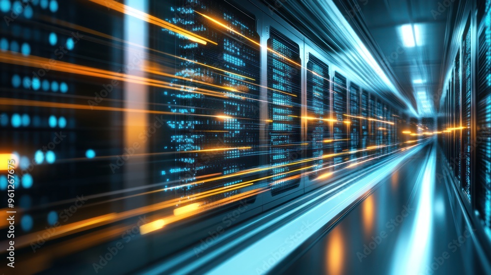 Poster data center corridor with fast data transfer