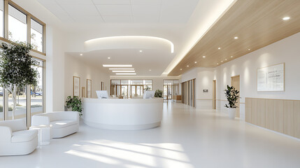 Modern, spacious hospital reception area with white decor, natural light, and comfortable seating, creating a welcoming atmosphere.