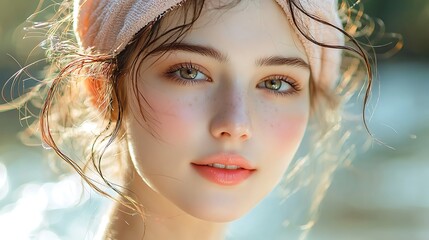 Fototapeta premium A close-up portrait of a beautiful woman with wet hair and a towel, exuding serene elegance.