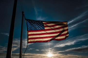 Obraz premium Photograph of the American flag waving at sunset with dramatic clouds in the background, symbolizing patriotism, freedom, and national pride, perfect for patriotic designs and celebrations 