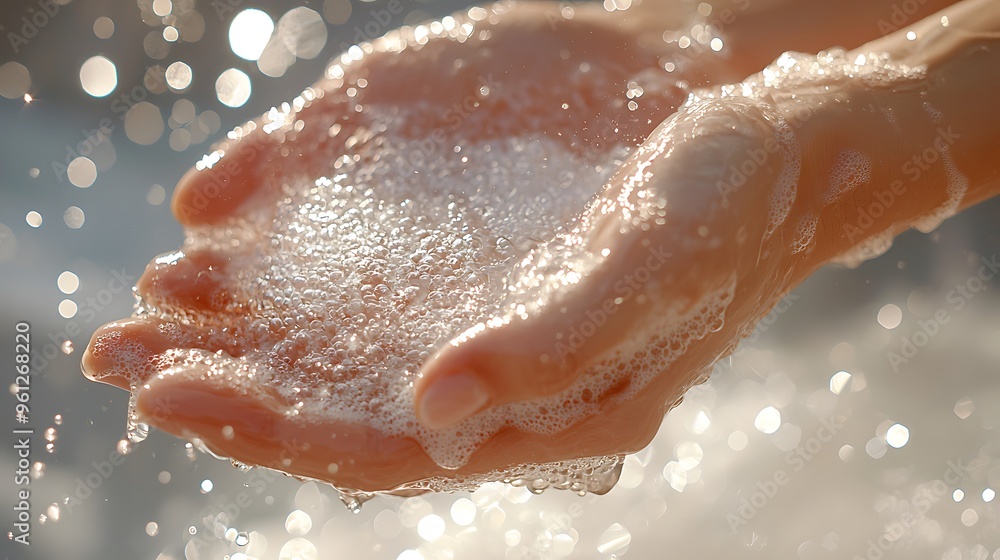 Poster hands hold water and bubbles, set against a bokeh background that glimmers softly.