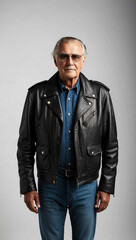 Fototapeta premium Grandfather wearing leather jacket and jeans on plan white background