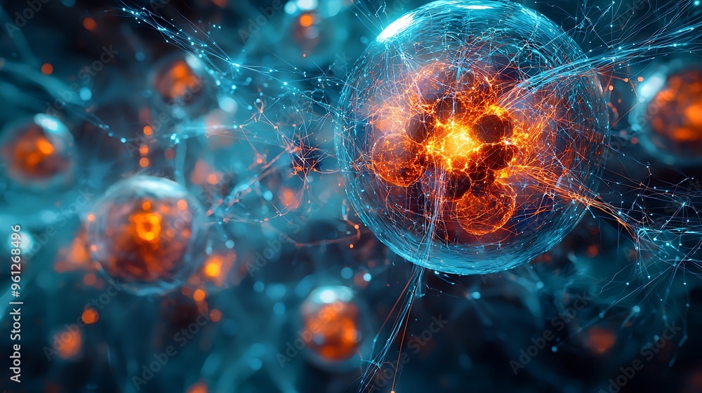 Poster a digital network sphere with glowing lines and dots, embodying a futuristic technology concept.