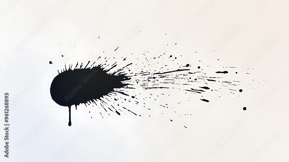 Poster a striking black ink splatter spreads across a white background, creating an abstract texture.