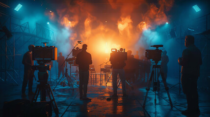 Fototapeta premium A dynamic film school scene in dark tones with blue and orange highlights, students learning cinema craft, guided by a skilled instructor, showcasing creative collaboration and energy.
