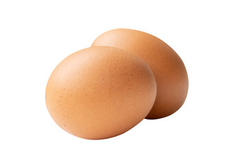 Side view of two fresh brown chicken eggs in stack isolated with clipping path in png file format