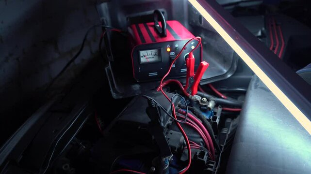 red new car battery charger with ammeter and terminals for 6 volts and 12 volts