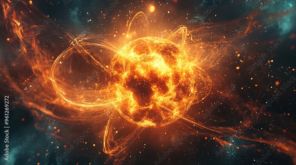 Poster an abstract fireball with sparks and smoke, floating dramatically in the dark expanse of space.