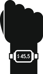 Silhouette of a hand wearing a smartwatch showing a price on the screen