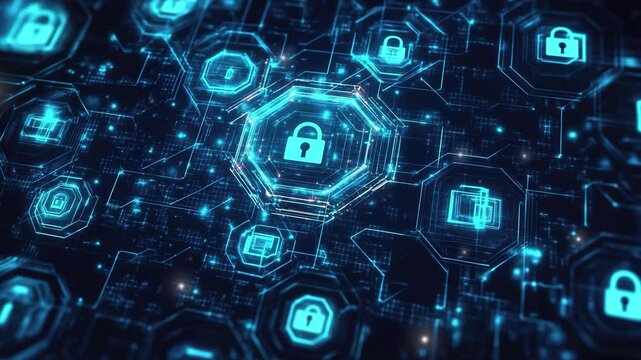 Cyber security and online safety concepts. Abstract digital background with blue hexagons and padlock icons. Data protection. Online safety technology in a global network system. Technology background