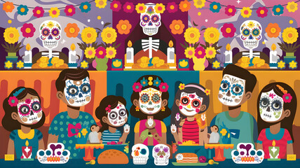 Fototapeta premium Celebrate Day of the Dead in Mexico with vibrant altars, colorful skulls, traditional face painting, marigold decorations, and lively parades, honoring ancestors in a beautiful fusion of culture.