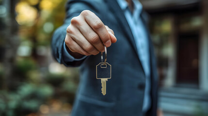 A person holding a key, symbolizing new opportunities or ownership.