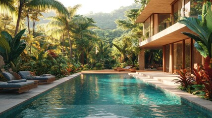 Obraz premium Lagoon-Style Pool Surrounded by Lush Tropical Gardens in Elegant Villa