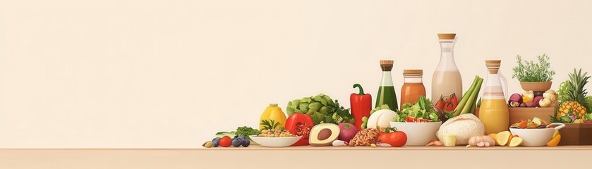 International Cuisine Market, Assorted Dishes and Ingredients, Flat Design Illustration
