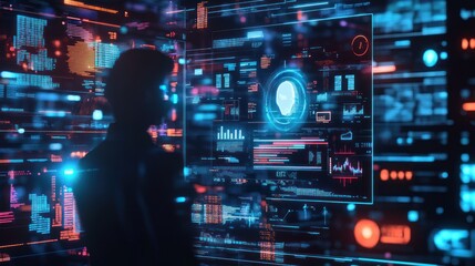 Fototapeta premium A man is looking at a computer screen with a lot of colorful icons