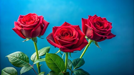 Naklejka premium Three vibrant red roses set against a vivid blue background with lush green leaves and stems