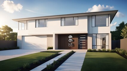 Modern Luxury Home Exterior with Spacious Lawn, Wooden Accents, and Clear Blue Sky - Ideal for Real Estate and Architectural Design Projects