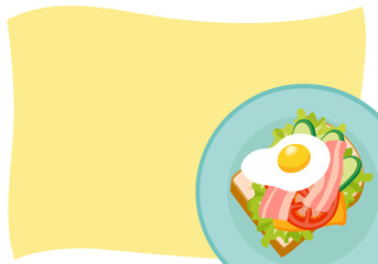 ベーコンと目玉焼きのオープンサンドイッチのフレームのベクターイラストレーション