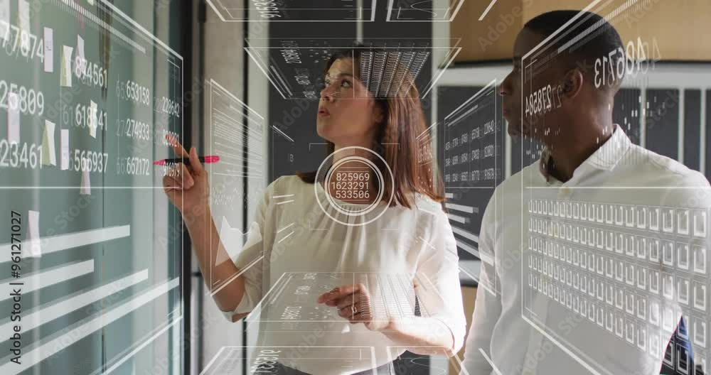 Poster analyzing data on screen, business professionals with futuristic interface animation