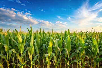 Obraz premium Agriculture background of corn field growing at eye level with clear sky in background