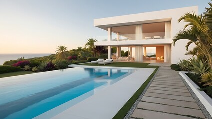 Modern Luxury Home Exterior with Spacious Lawn, Wooden Accents, and Clear Blue Sky - Ideal for Real Estate and Architectural Design Projects