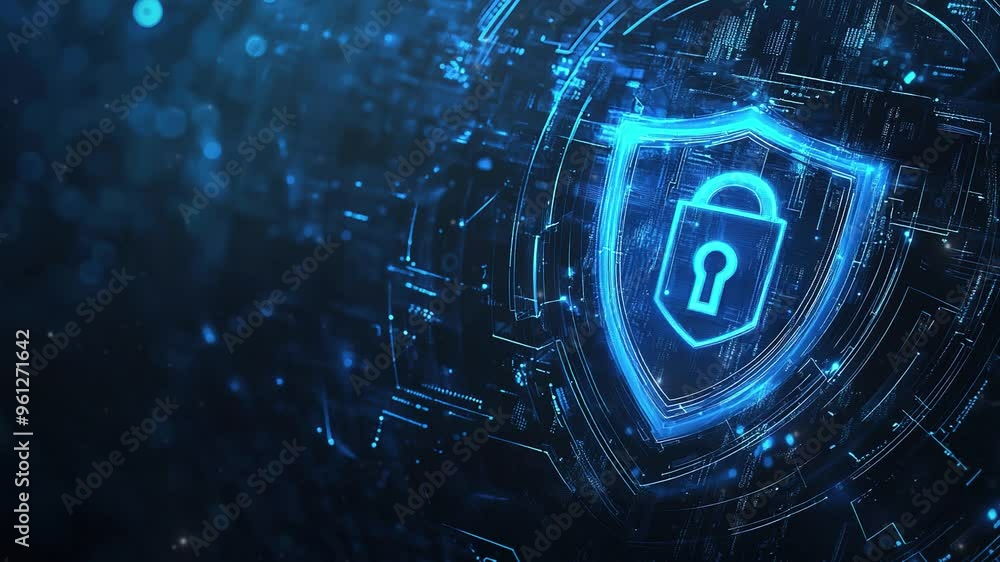 Poster cybersecurity digital data protection concept. digital data security padlock on futuristic circuit b