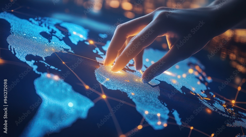 Poster global connectivity: a hand interacting with a digital world map