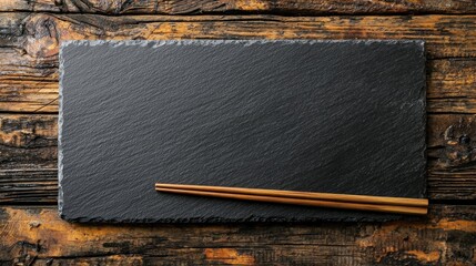 Empty rectangular black slate plate with chopsticks for sushi on wooden background. Top view with...