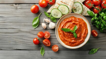 Harissa sauce in a ceramic bowl, paired with fresh vegetables and pita bread on a rustic wooden table.