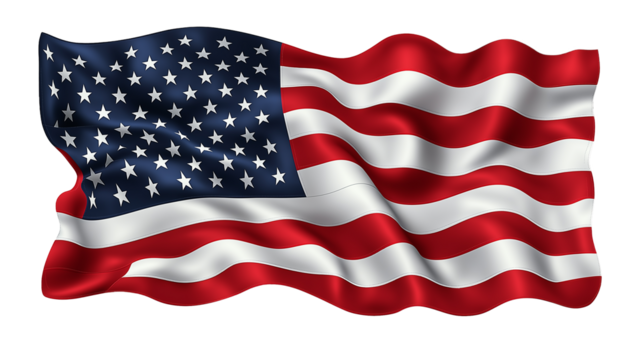 3D illustration of a waving United States flag, isolated on a transparent background, ideal for patriotic designs, national celebrations, and American-themed projects