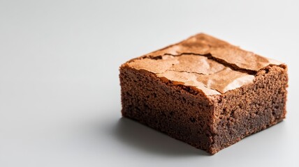 Single square brownie with glossy top on a white plate.