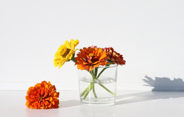 Flowers Zinnia in glass vase with shadow. Blooming beautiful yellow flowers Zinnia.