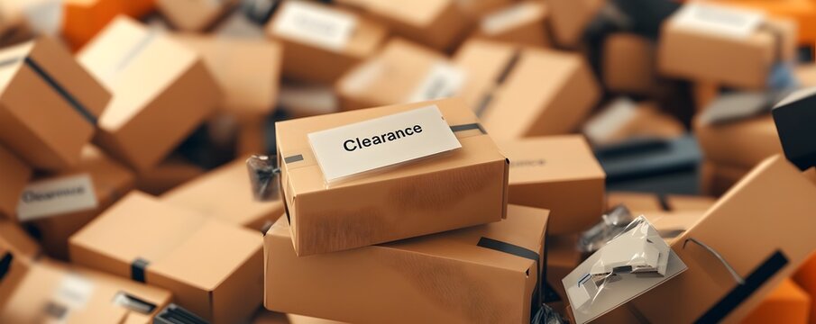 Stack of Discounted Electronics Boxes with Clearance Tags During Black Friday Shopping Event