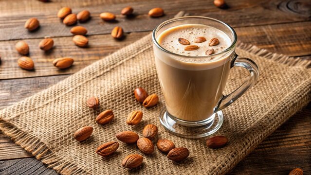 Almond coffee latte in clear glass mug on burlap cloth