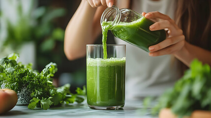 A person pouring green juice into a glass surrounded by fresh ingredients.